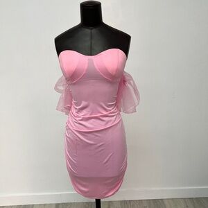 Pink Strapless Mesh Bodycon Mini Dress | Ruched | Off-Shoulder Tulle Sleeves